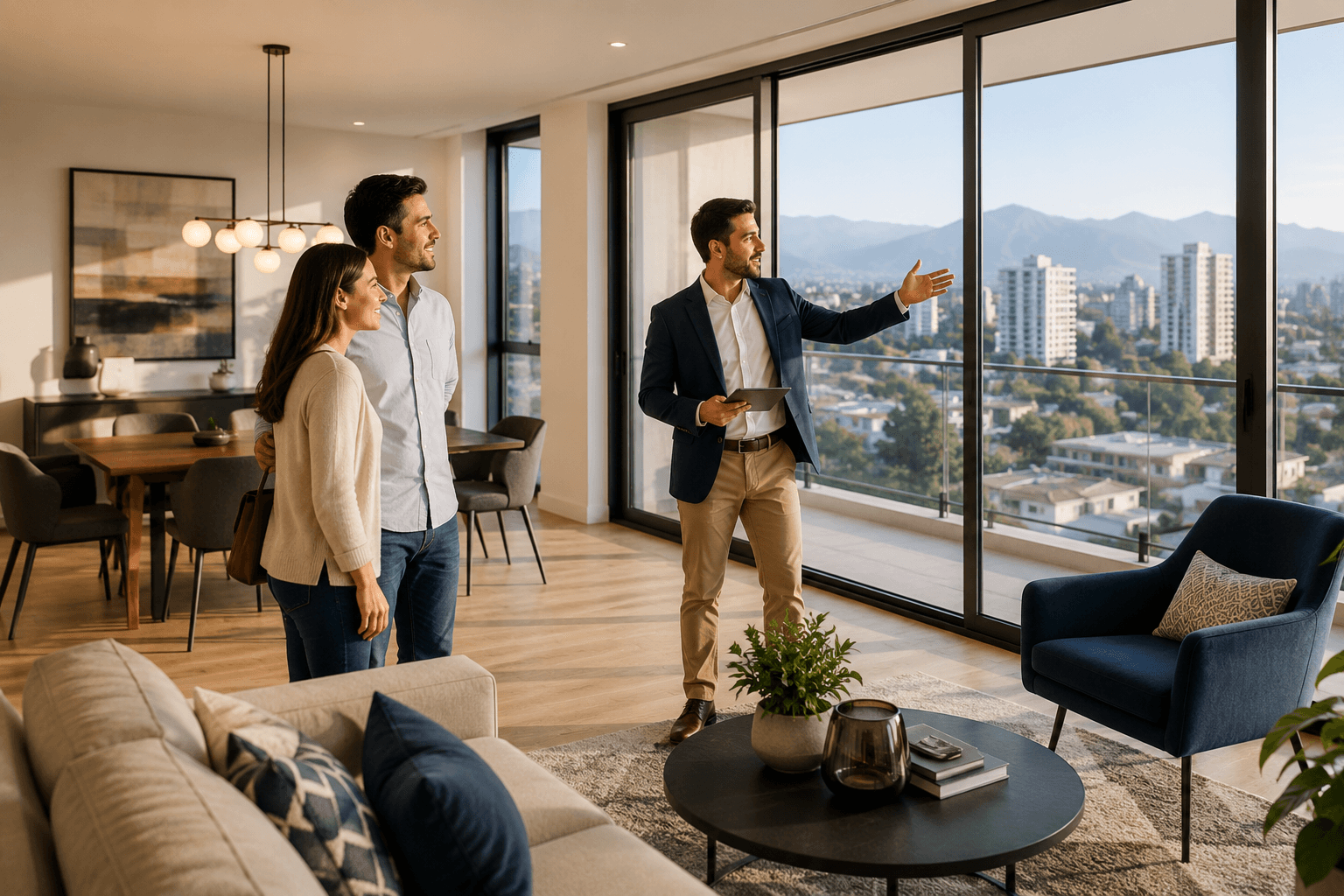 Corredor asesorando a clientes en una propiedad